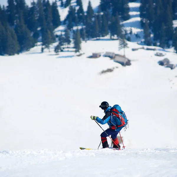 Skier Hiker Backpack Skis Deep White Snow Background Beautiful Winter — ストック写真