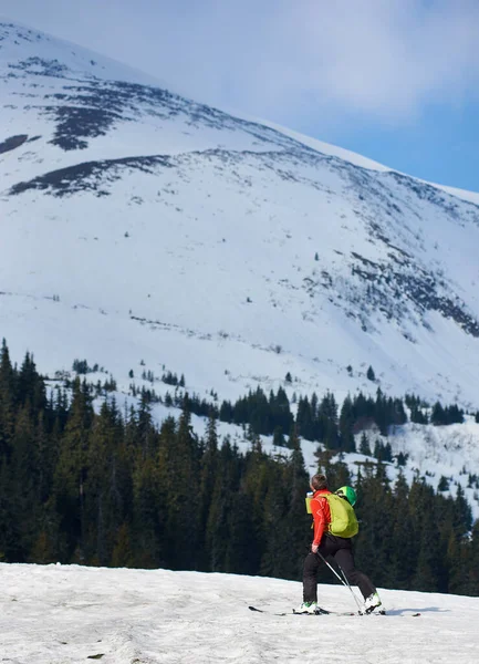 Male Hiker Traveler Backpack Skis Snowy Hill Copy Space Background — ストック写真