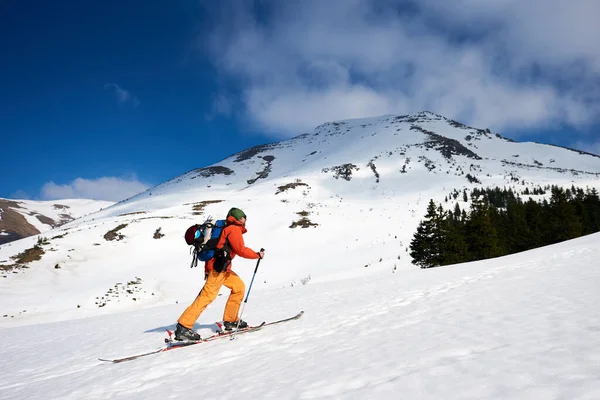 Mountaineer Walking Snowy Ridge Skis Backpack Sunny Day — ストック写真