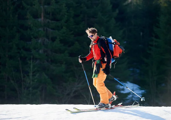 Smiling Male Ski Mountaineering Climb Summit Lights Sun Forest Background — ストック写真