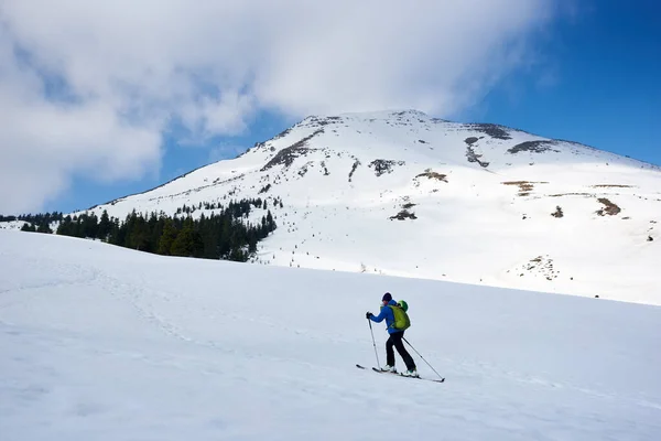 Skier Tourist Backpack Touring Skis Deep Snow Uphill Background Bright — ストック写真