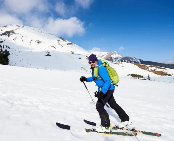 Skier Tourist Backpack Touring Skis Deep Snow Uphill Background Bright — ストック写真