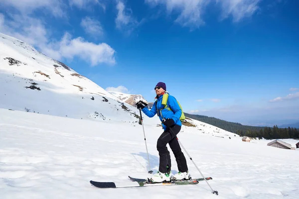 Skier Tourist Backpack Touring Skis Deep Snow Uphill Background Bright — ストック写真