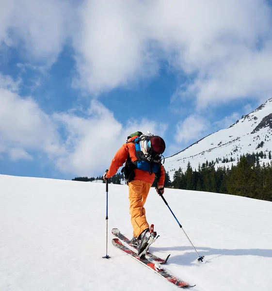 Mountaineer Walking Snowy Ridge Skis Backpack Sunny Day — ストック写真