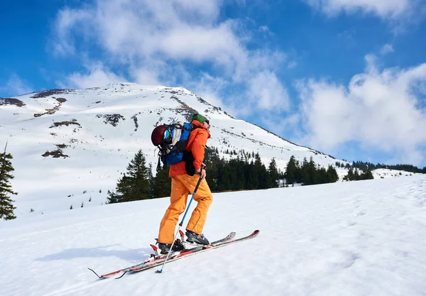 Mountaineer Walking Snowy Ridge Skis Backpack Sunny Day — ストック写真