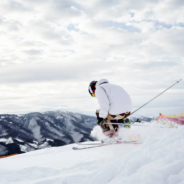 Male Skier Winter Jacket Sliding Snow Covered Slopes Skis Man — Stock Photo, Image