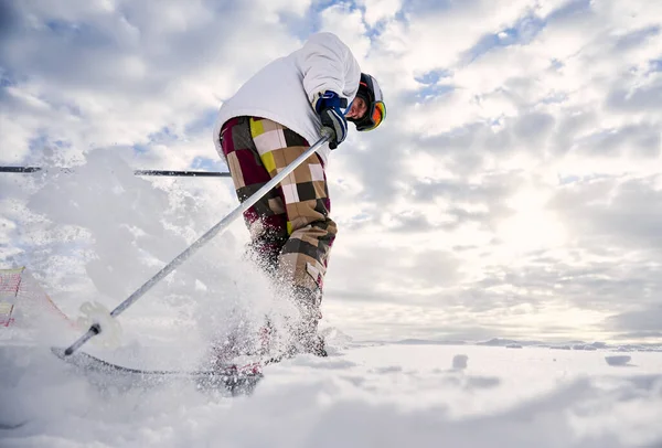 Low Angle View Snapshot Skier Legs Making Jump White Snowy — Stock Photo, Image