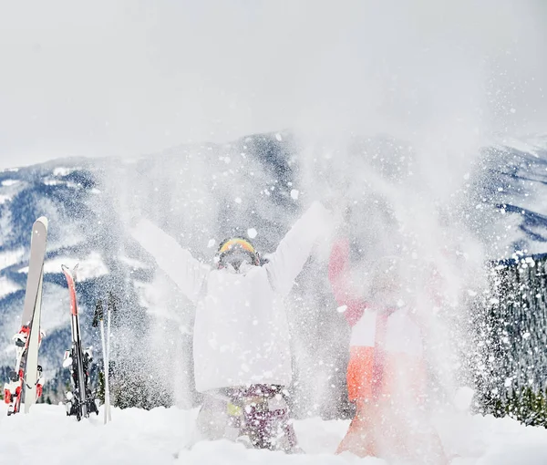 Two Skiers Throwing Fresh Powder Snow High Air Man Woman — Stock Photo, Image