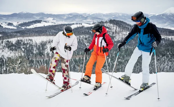 Volledige Lengte Van Drie Skiërs Skiën Bergen Charmante Vrouw Twee — Stockfoto