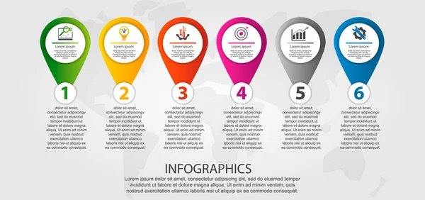 Moderní Vektorové Ilustrace Infografika Šablona Časová Osa Šesti Prvků Kroky — Stockový vektor