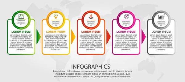 Современная Векторная Иллюстрация Шаблон Кругов Прямоугольников Инфографики Пятью Элементами Стрелками — стоковый вектор