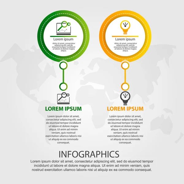 Modern vektör çizim. İki öğe, daireler ve metin Infographic şablonu. Adım adım. İş, sunumlar, web tasarım, 2 adım diyagramları için tasarlanmış.
