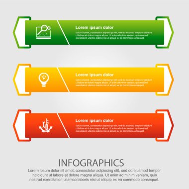 Modern vektör çizim. Üç öğe, dikdörtgen ve yüzdeleri okları Infographic şablonu. Adım adım. İş, sunumlar, web tasarım, 3 adımda diyagramları için tasarlanmış.