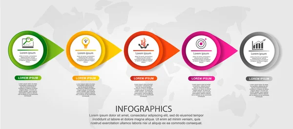 Ilustracja Wektorowa Nowoczesny Szablon Kręgów Infografiki Pięciu Elementów Strzałki Przeznaczony — Wektor stockowy