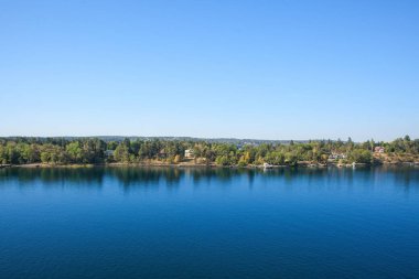 Orman ve köy ile deniz kıyısı. Sahildeki evler.