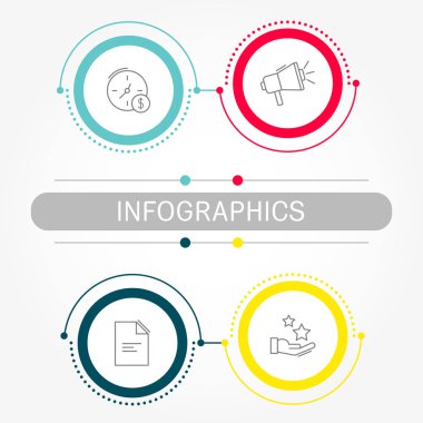 Modern ve sade düz vektör çizim. Dört daire, elemanları, sektörler ve yüzdeleri Infographic şablonu. İş, sunumlar, web tasarım, arabirimi 4 adım diyagramları için tasarlanmış.