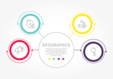 Modern düz vektör çizim. Dört elementin, daireler ile dairesel infographics şablonu. Metin ve simgeleri içerir. İş, sunumlar, web tasarım, 4 adımlar ile diyagramları için tasarlanmış.