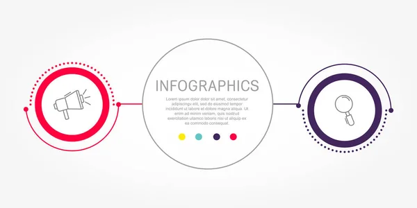 Modern düz vektör çizim. İki öğe, daireler ile dairesel infographics şablonu. Metin ve simgeleri içerir. İş, sunumlar, web tasarım, 2 adım diyagramları için tasarlanmış.