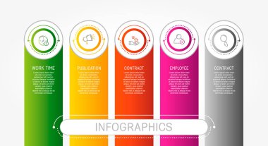 Modern 3d illüstrasyon vektör. Şablon infographics beş element, daireler ile. Metin ve simgeleri içerir. İş, sunumlar, web tasarım, 5 adım diyagramları için tasarlanmış.