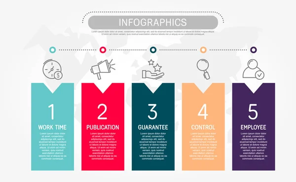 Modern düz vektör çizim. Şablon infographics beş element, dikdörtgenler ile. Metin ve simgeleri içerir. İş, sunumlar, web tasarım, 5 adım diyagramları için tasarlanmış.