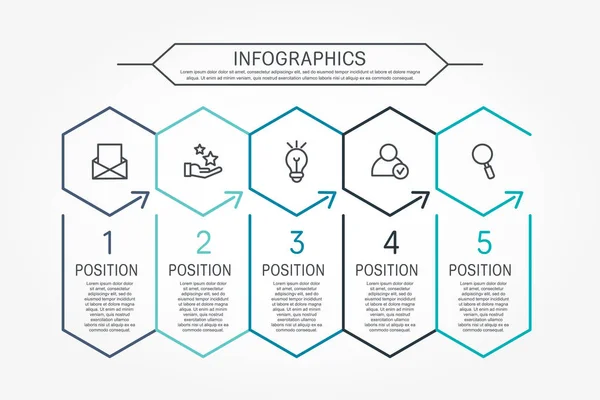 Moderna Linje Vektorillustration Infographic Mall Med Fem Element Hexagoner Och — Stock vektor