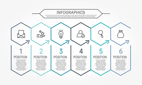 Moderne Linienvektordarstellung Infografische Vorlage Mit Sechs Elementen Sechsecken Und Text — Stockvektor