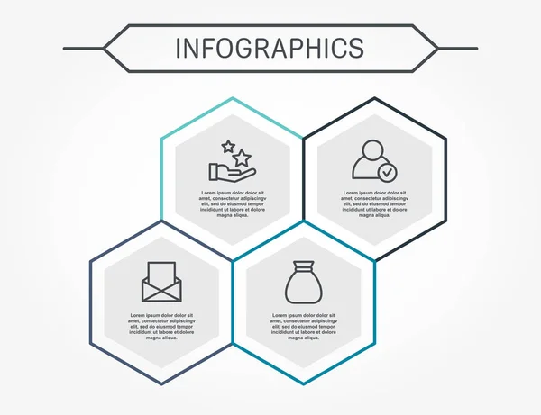 Moderne Vektorillustration Infografik Vorlage Mit Vier Sechseckelementen Konzipiert Für Business — Stockvektor