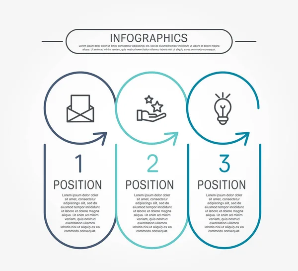 Modern düz vektör çizim. Şablon infographics üç öğeleri, daireler ve oklar. Metin ve simgeleri içerir. İş, sunumlar, web tasarım, 3 adımda diyagramları için tasarlanmış.
