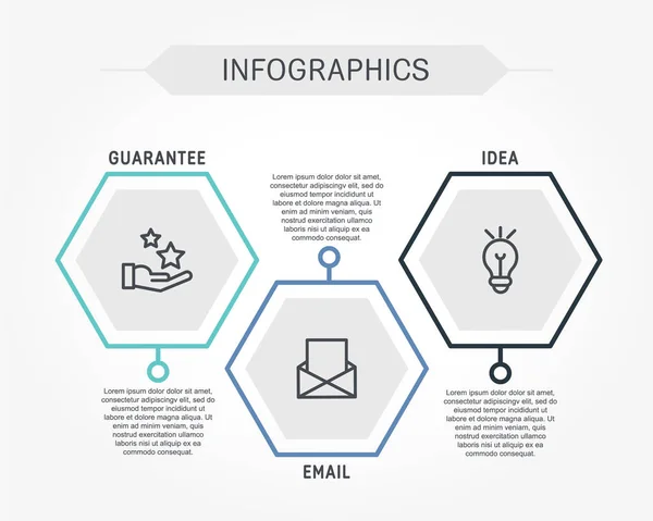 Rovná Čára Vektorové Ilustrace Infografika Šablona Třemi Prvky Šestiúhelníků Textem — Stockový vektor