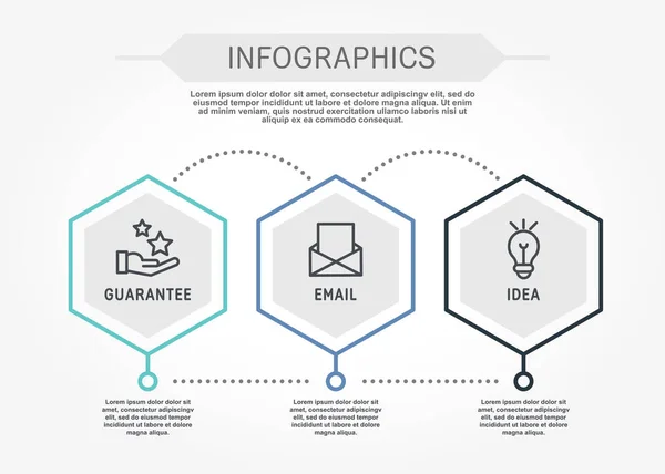 Ilustração Vetorial Linha Plana Modelo Infográfico Com Três Elementos Hexágonos — Vetor de Stock