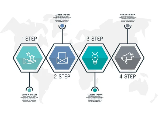 Плоская Линейная Векторная Иллюстрация Инфографический Шаблон Четырьмя Элементами Шестиугольниками Текстом — стоковый вектор