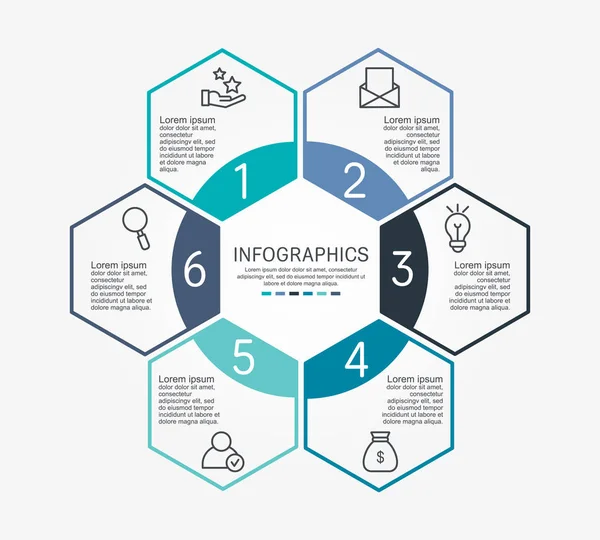 Ilustración Vectorial Línea Plana Plantilla Infográfica Con Seis Elementos Hexágonos — Vector de stock