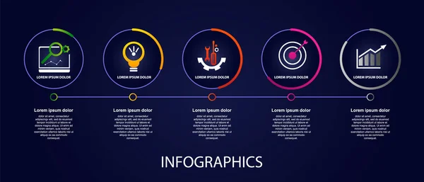 Illustrazione Vettoriale Oscura Modello Infografico Con Cinque Elementi Cerchi Testo — Vettoriale Stock