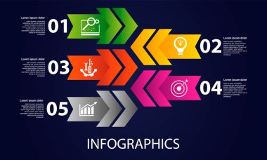 Karanlık vektör çizim 3d. Beş öğeleri, oklar, metin ve simgeleri Infographic şablonu. Zaman çizelgesi adım adım. İş, sunumlar, web tasarım, diyagramları, 5 adım ile eğitim için tasarlanmış.
