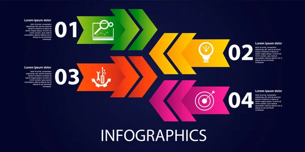 Donkere Vectorillustratie Infographic Sjabloon Met Vier Elementen Pijlen Tekst Pictogrammen — Stockvector