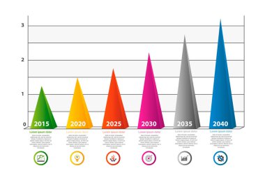 Modern 3d vektör illüstrasyon. Altı elementli infografik şablon, piramitler. Simgeler ve metin içerir. İş, sunumlar, web tasarımı, 6 adım diyagramları için tasarlanmıştır.