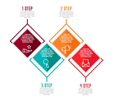 Modern 3d illüstrasyon vektör. Dört elementin, şablonla Infographic rhombus. Zaman çizelgesi adım adım. Grafik 4 adımlar ile eğitim, iş, sunumlar, web tasarım, diyagramları, için tasarlanmış