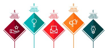 Modern 3d illüstrasyon vektör. Beş element, şablonla Infographic rhombus. Zaman çizelgesi adım adım. Grafik 5 adım ile eğitim, iş, sunumlar, web tasarım, diyagramları, için tasarlanmış