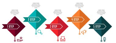 Modern 3D vektör illüstrasyon. Beş Rhombus, oklar ile Infographic şablonu. Zaman çizelgesi adım adım. İş, sunum, web tasarımı, diyagramları, grafik, 5 adım ile eğitim için tasarlanmıştır