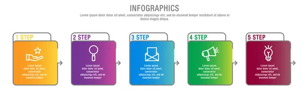 Ilustração Vetorial Moderna Modelo Infográfico Retangular Com Cinco Elementos Quadrados — Vetor de Stock