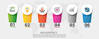 Modern vektör çizim 3d. Infographic şablonu altı öğeleri, sektörler, simgeleri ile daireler. İş, sunumlar, web tasarım, arayüzü, iş akışı düzeni, 6 adımlar ile diyagramları için tasarlanmış