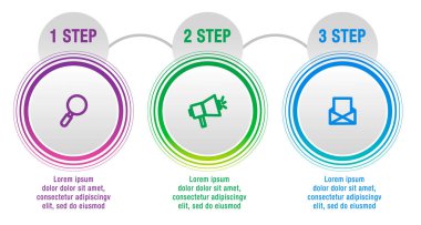 Modern vektör çizim. Infographic şablonu üç elemanları, sektörler, simgeleri ile daireler. İş, sunumlar, web tasarım, arayüzü, iş akışı düzeni, 3 adımda diyagramları için tasarlanmış.