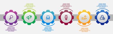 Modern vektör 3d çizim. Infographic vites şablonu altı öğe, simgeler. İş, sunumlar, web tasarım, arayüzü, iş akışı düzeni, 6 adımlar ile diyagramları için tasarlanmış.