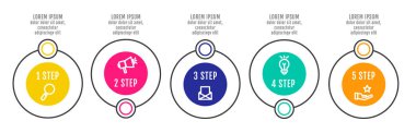 Modern ve sade düz vektör çizim. Beş daireler, elemanları, sektörler ve yüzdeleri Infographic şablonu. İş, sunumlar, web tasarım, arabirimi 5 adım diyagramları için tasarlanmış.