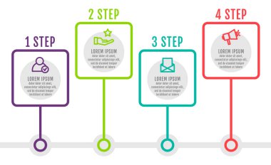 Modern ve sade düz vektör çizim. Dört nokta, öğeleri, kareler, yüzdeleri Infographic şablonu. İş, sunumlar, web tasarım, arabirimi 4 adım diyagramları için tasarlanmış