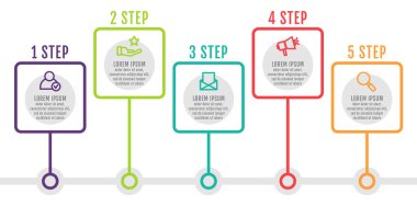 Modern ve sade düz vektör çizim. Beş nokta, öğeleri, kareler, yüzdeleri Infographic şablonu. İş, sunumlar, web tasarım, arabirimi 5 adım diyagramları için tasarlanmış