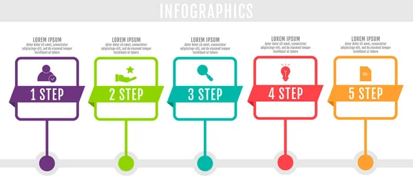 Modern ve sade düz vektör çizim. Beş nokta, öğeleri, kareler, yüzdeleri Infographic şablonu. İş, sunumlar, web tasarım, arabirimi 5 adım diyagramları için tasarlanmış — Stok Vektör