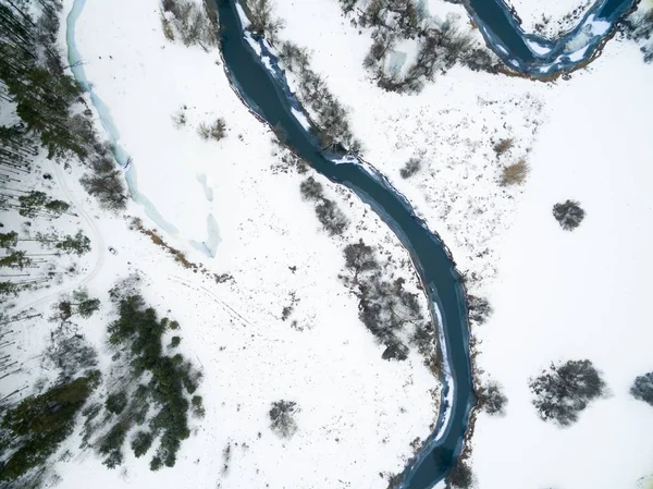Paesaggio invernale sul fiume con una foresta tra la neve con vista a volo d'uccello. Drone vista foto dal drone in una giornata nuvolosa. Vista aerea dall'alto bellissimo paesaggio innevato — Foto Stock