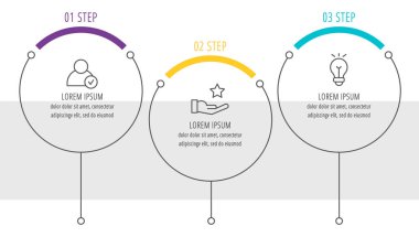 Modern ve sade düz vektör çizim. Üç daire, elemanları, sektörler ve yüzdeleri Infographic şablonu. İş, sunumlar, web tasarım, arabirimi 3 adım diyagramları için tasarlanmış.