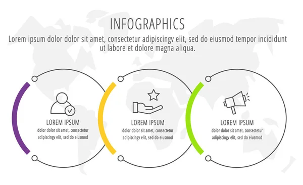 Ilustración moderna y simple de vectores planos. Plantilla infográfica con tres círculos, elementos, sectores y porcentajes. Diseñado para negocios, presentaciones, diseño web, diagramas de interfaz de 3 pasos . — Vector de stock